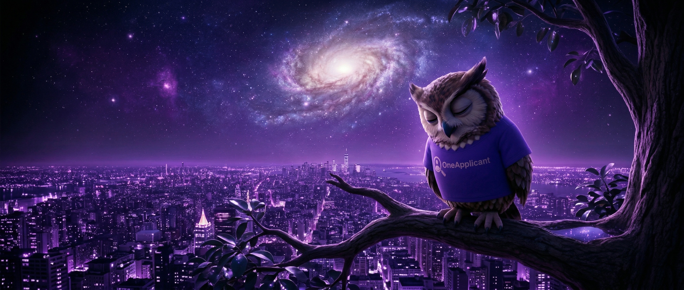 A sleeping owl in a OneApplicant t-shirt perched on a tree branch above a glowing purple city under a spiral galaxy